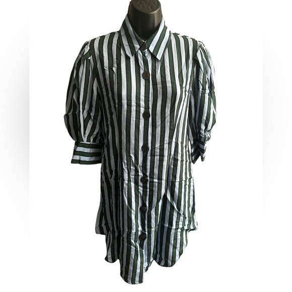 ZARA Blue & Green Striped Button-Up Dress NWOT - Picture 1 of 10